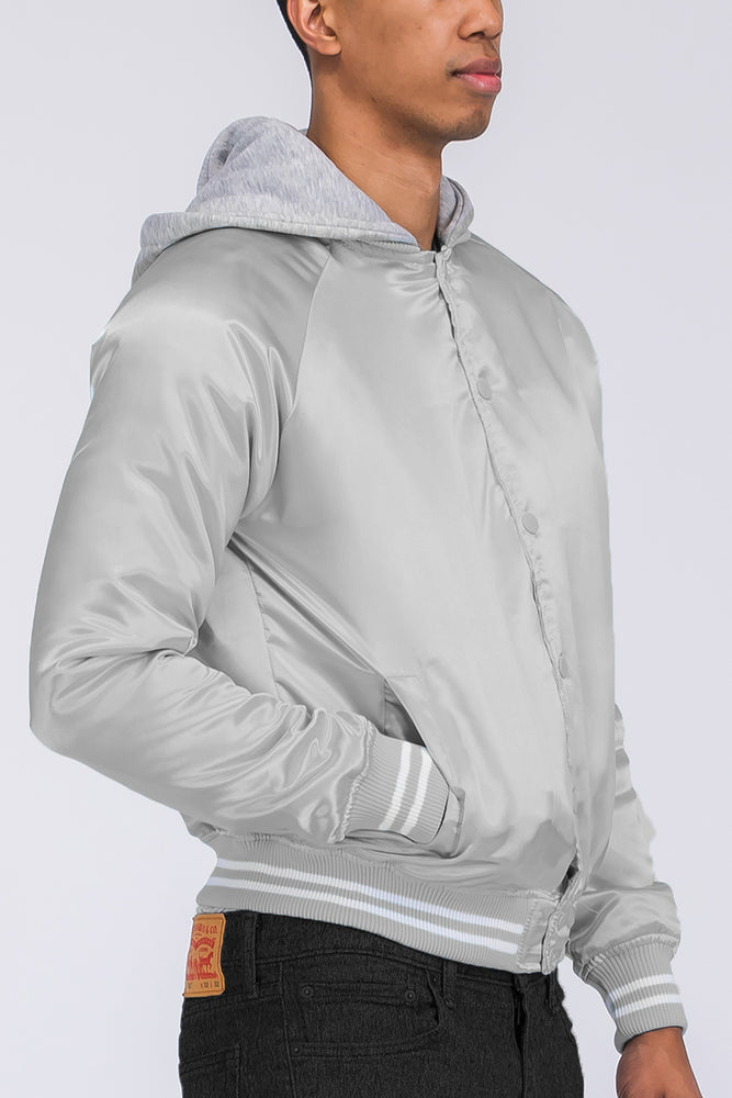 
                  
                    Load image into Gallery viewer, Satin Hooded Varsity Jacket
                  
                
