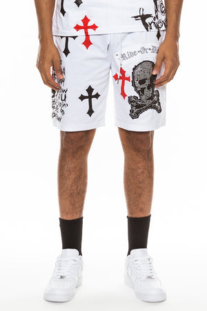 
                  
                    Load image into Gallery viewer, Bejewelled Chrome Skull Shorts
                  
                